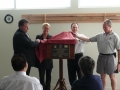 Councillor John Koutras, Kirstie Marshall - State Member for Forest Hill, Colin Organ and Stuart Miller - President of the Box Hill Little Athletics Centre unveil the plaque